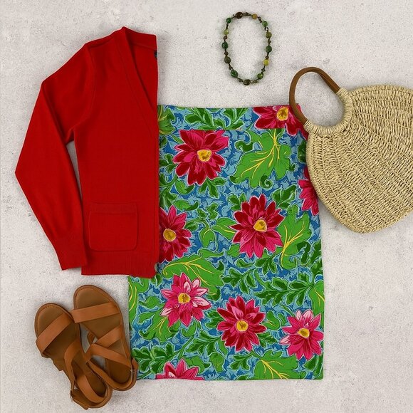 Talbots Skirt 6P Blue Red Floral Cotton Twill Casual Cottagecore - Picture 2 of 9